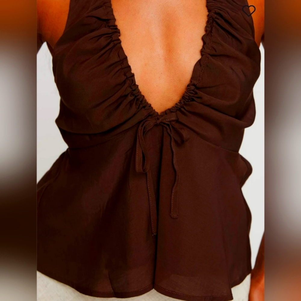 Princess Polly Brown Ruched Deep V Halter Top